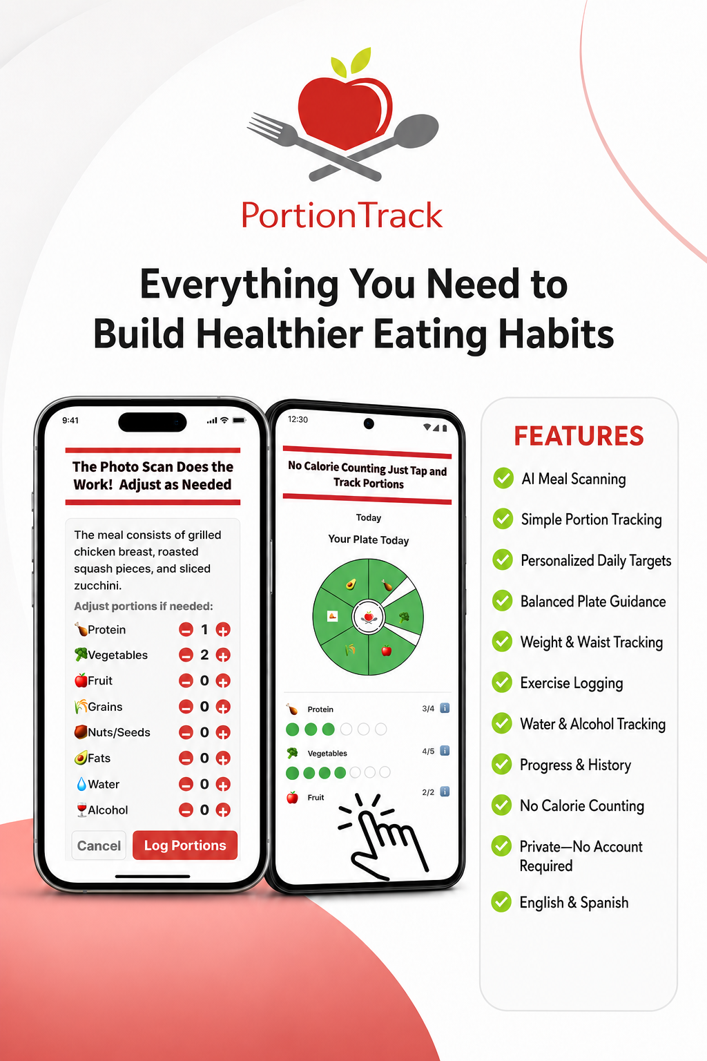 Portion Track app screens showing AI meal scanning and portion tracking on iPhone and Android